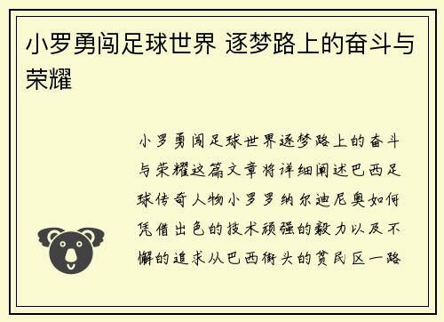 小罗勇闯足球世界 逐梦路上的奋斗与荣耀